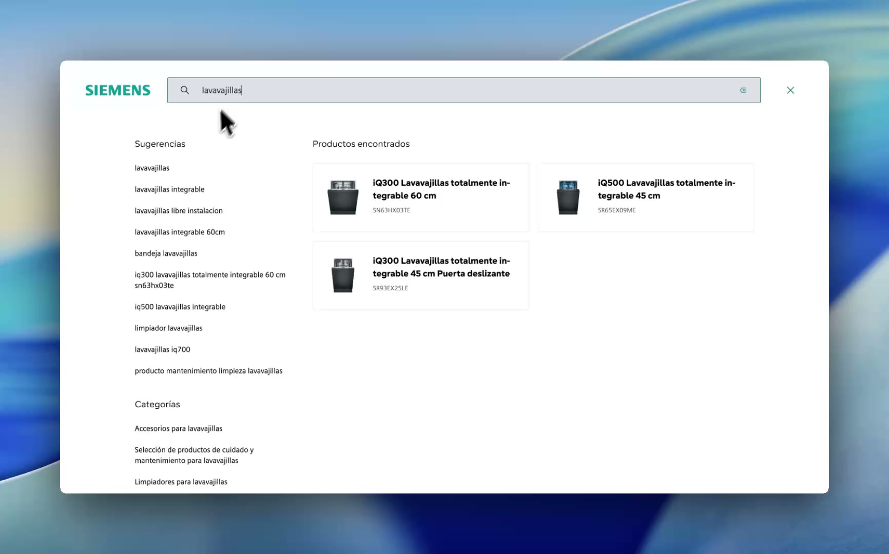 Siemens search showing products and site content in the same results experience