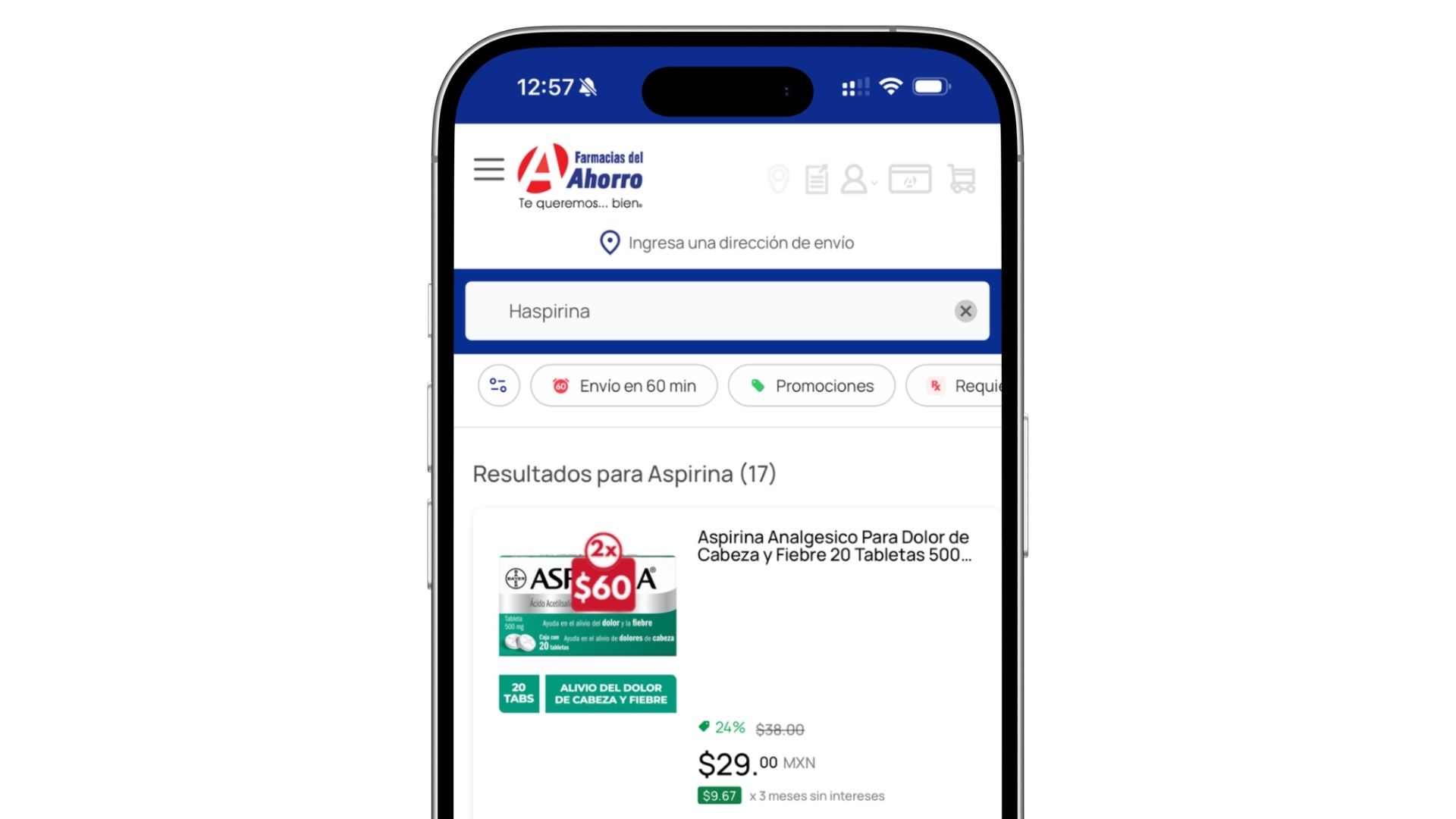 AI Spell Check correcting Haspirina to Aspirina on a Farmacias del Ahorro search