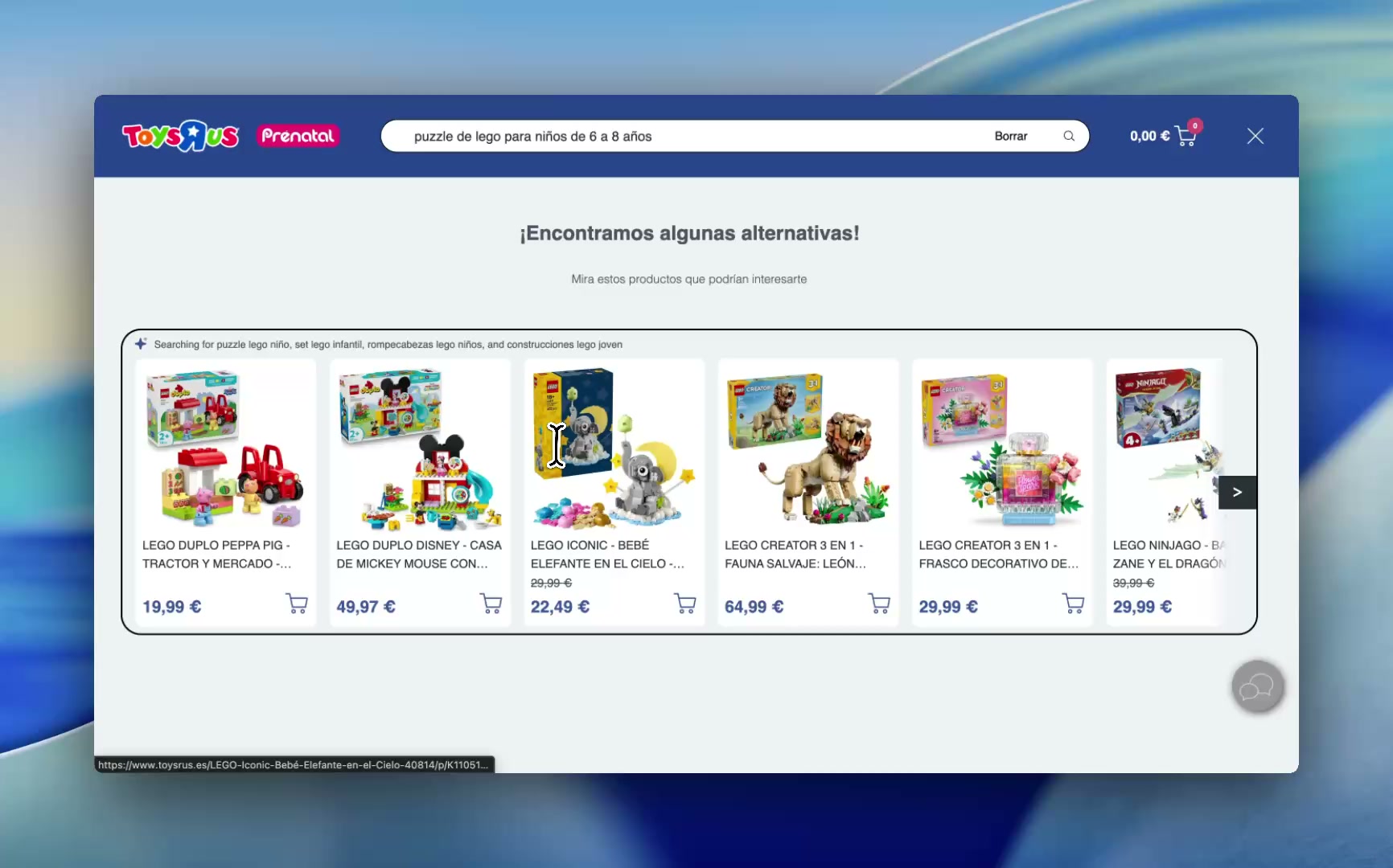 AI Carousels showing Lego product collections on a zero-results page