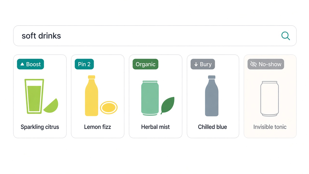 Results Ranking preview with pin, boost, bury and no-show on soft drinks
