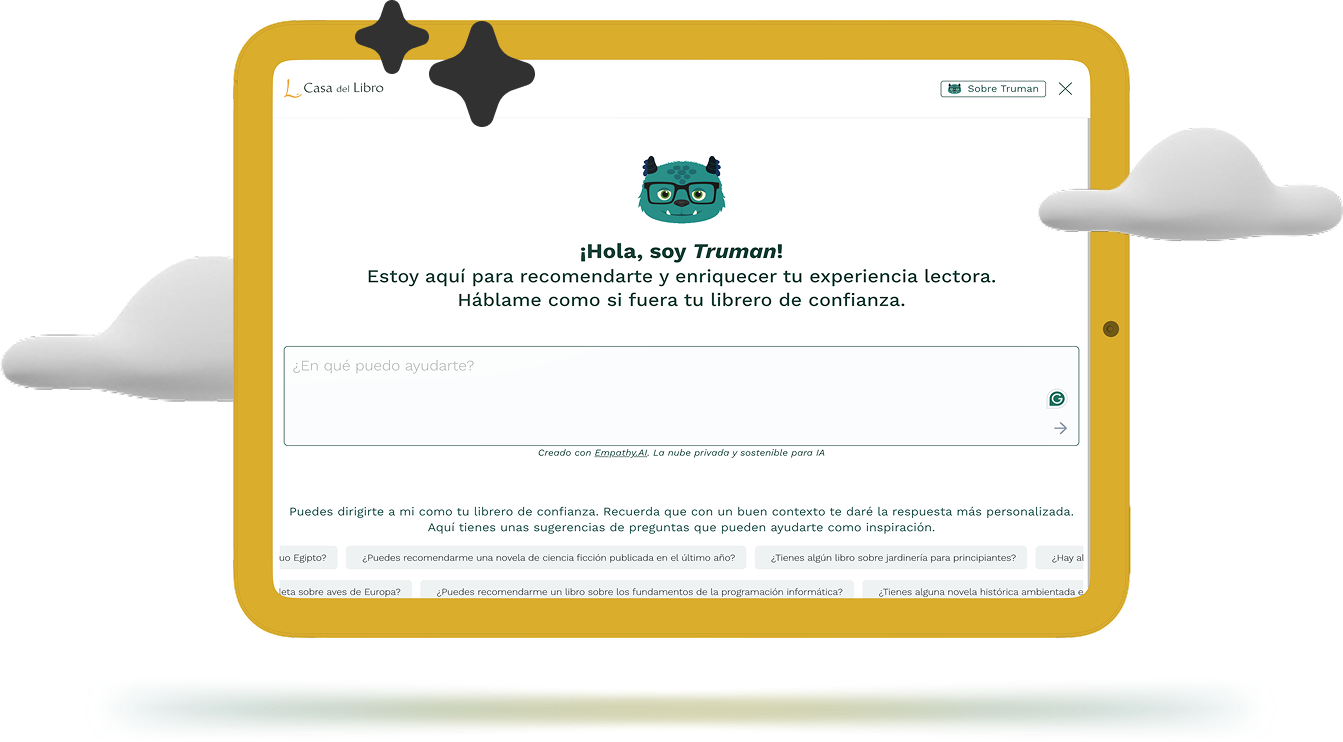Interface of Truman on a yellow tablet, showing a friendly illustrated character and a text box inviting users to describe their reading preferences.