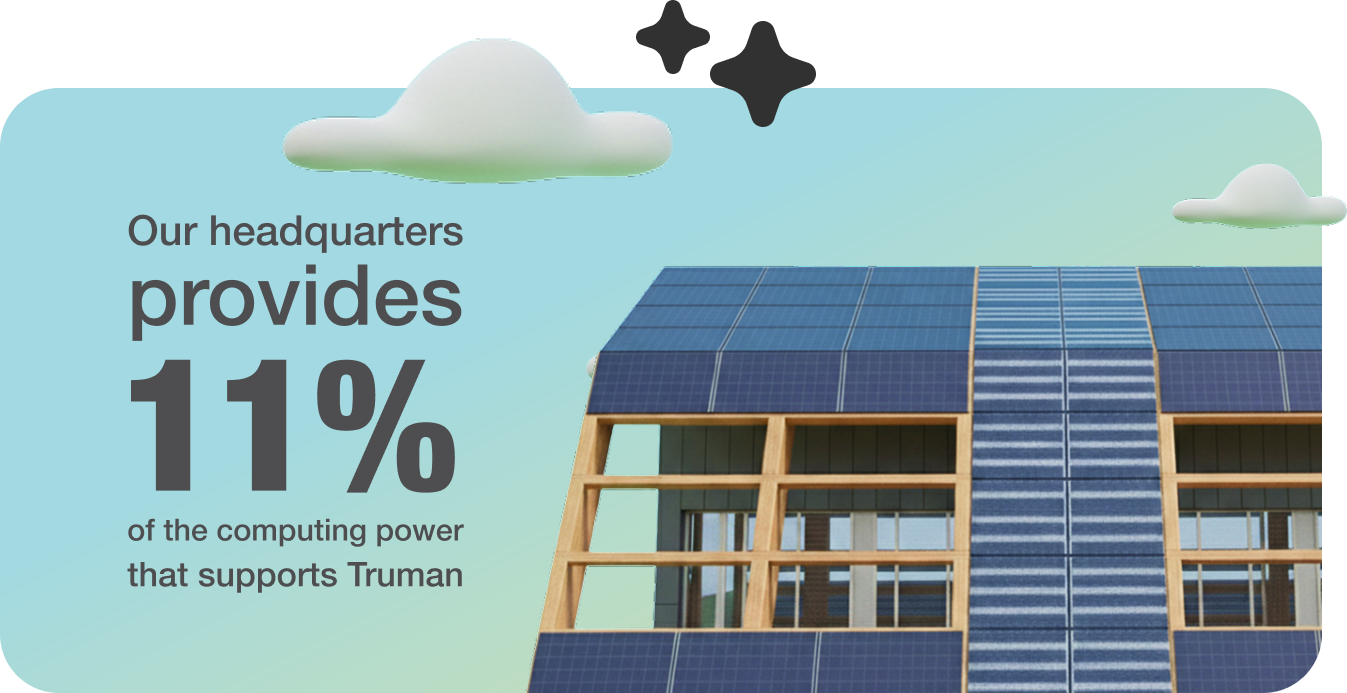 Building with solar panels on the roof illustrating that 11 percent of the computing power supporting Truman comes from the company’s headquarters.