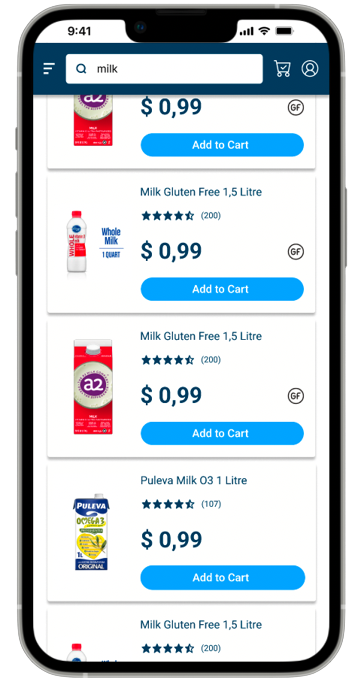 Search Results Page with Product Cards with and without the Gluten Free tag
